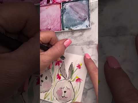 Quick Watercolor Card Idea Bunnies and flowers with brush lettering