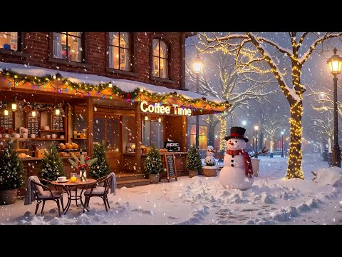 Winter Outdoor Coffee Ambience ~ Soft Jazz Piano Music & Snow Falling for Study, Work