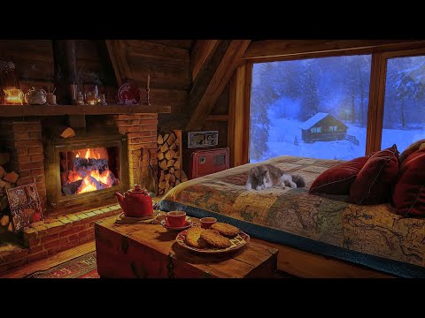 Cozy Cabin Ambience with Cat - Snow Storm Sounds for Sleeping in Cozy Fireplace Nook